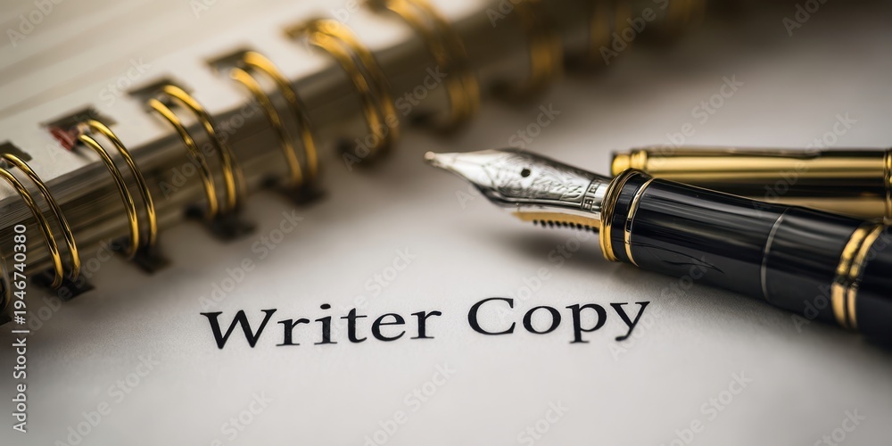 Fototapeta premium The fountain pen resting on a spiral notebook beside the words Writer Copy