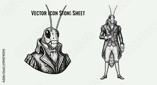 Victorian Era Anthropomorphic Grasshopper Character Illustration.
