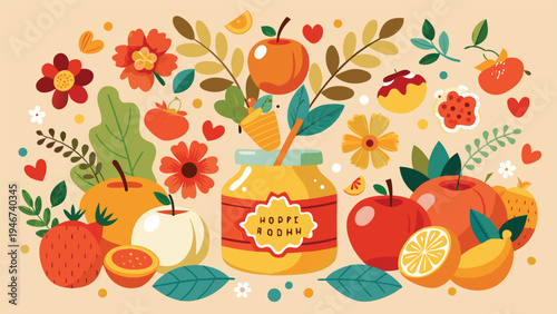 Autumn harvest fruit and flower vector illustration