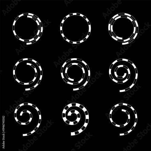Set of Abstract Spiral Icons on Black Background. Striped Design Elements. 