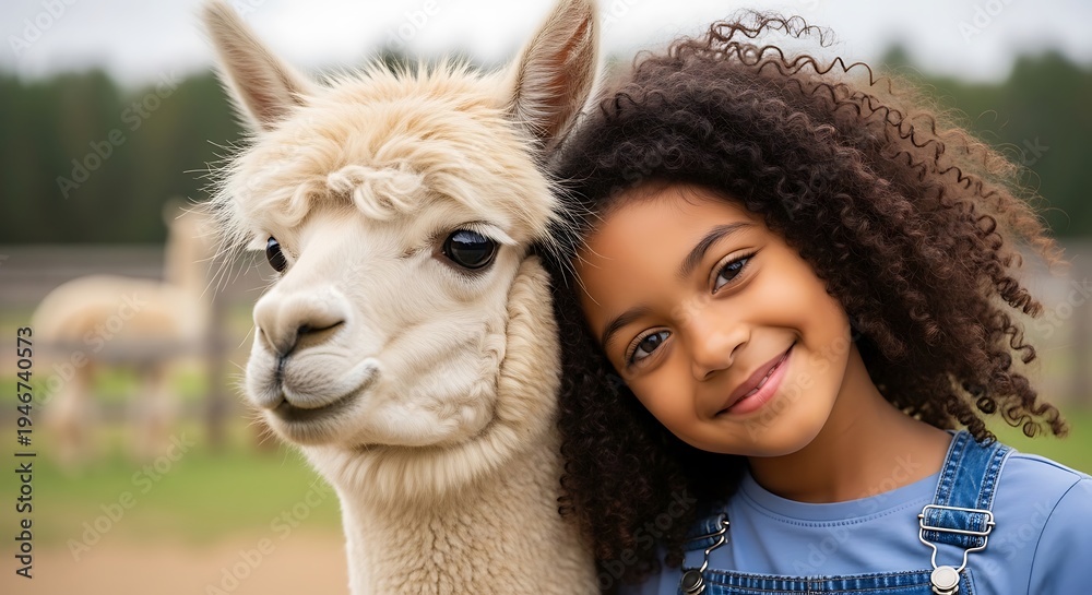 Obraz premium A smiling child leans against a fluffy white alpaca, close-up with a soft focus background