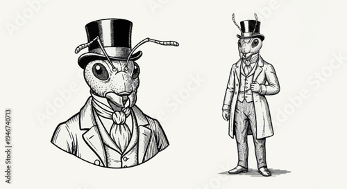 Anthropomorphic Ant Character in Victorian Attire.