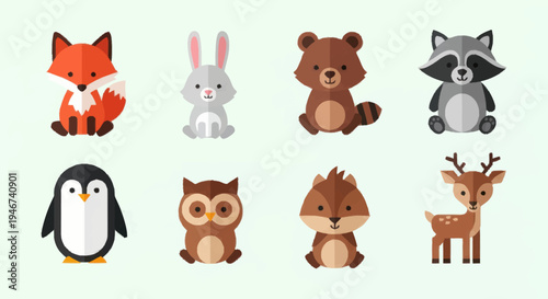Collection of Adorable Forest and Arctic Animals in Cute Cartoon Style.