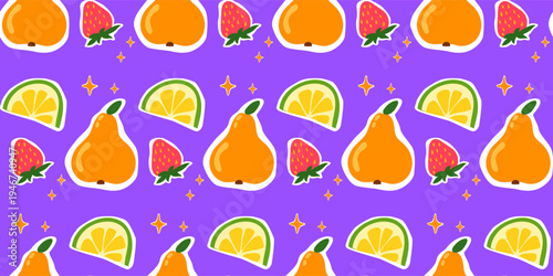 Cartoon  Fun Fruit Seamless Pattern Background. Vibrant Retro Wrapping Paper Print. Colorful Party Wallpaper Design. Fashionable Bold Tropical Textile Positive Festive Fabric. Happy Summer Holiday Art
