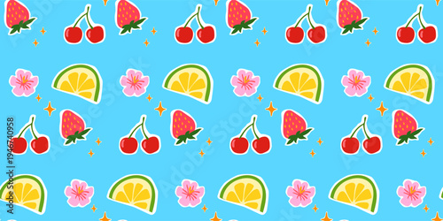 Cartoon  Fun Fruit Seamless Pattern Background. Vibrant Retro Wrapping Paper Print. Colorful Party Wallpaper Design. Fashionable Bold Tropical Textile Positive Festive Fabric. Happy Summer Holiday Art