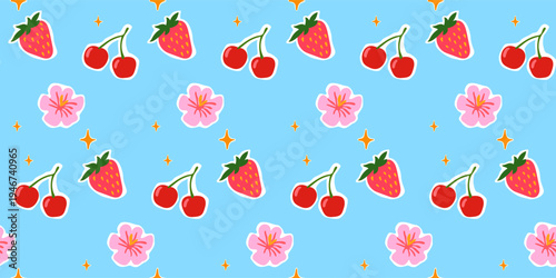 Cartoon  Fun Fruit Seamless Pattern Background. Vibrant Retro Wrapping Paper Print. Colorful Party Wallpaper Design. Fashionable Bold Tropical Textile Positive Festive Fabric. Happy Summer Holiday Art