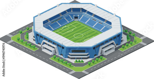 Modern isometric soccer stadium building with green football pitch blue seats and surrounding roads in 3D vector illustration style