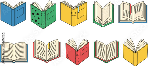 Set of ten open books with colorful covers and bookmarks in isometric and flat line art style for education design