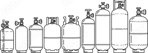 Set of gas cylinder icons and industrial tanks for propane, oxygen, and hydrogen in flat line art vector illustration style