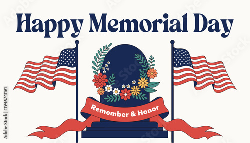 Memorial Day vector illustration with American flags and floral wreath
