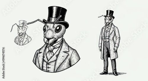 Anthropomorphic Ant Dressed in Victorian Gentleman Attire.