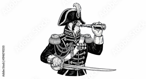 Vintage Military Officer with Spyglass and Sword Illustration.