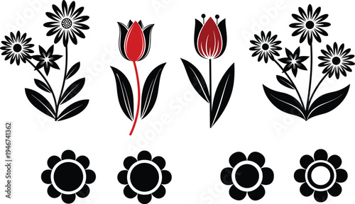 Flower pattern recognition artwork, decorative floral puzzle design, botanical illustration vector, symmetrical nature motif, artistic flower icon composition,