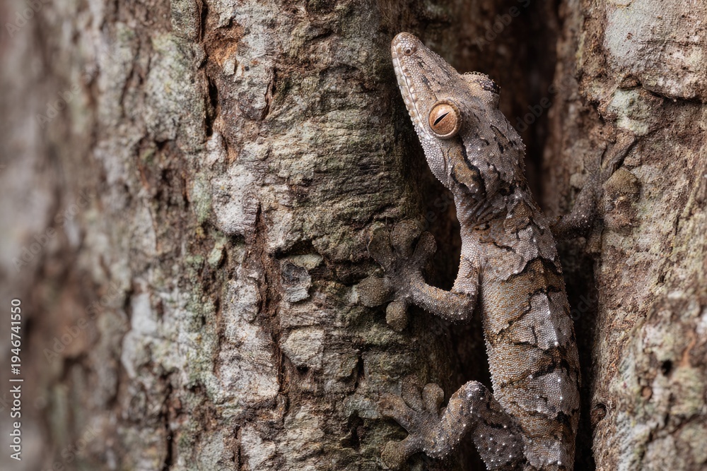 Obraz premium Close environmental wildlife photograph of leaf-tailed gecko camouflaged against tree bark in Madagascar rainforest with detailed skin texture and natural camouflage pattern clearly visible
