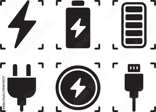 Power Icons in Focus: A collection of concise icons showcasing various energy and power symbols against a simple backdrop, perfect for illustrating concepts of energy and charging.
