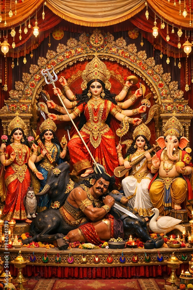 Fototapeta premium Grand Durga Puja idol with Lakshmi, Saraswati, Kartikeya, and Ganesha defeating Mahishasura inside decorated festival pandal.