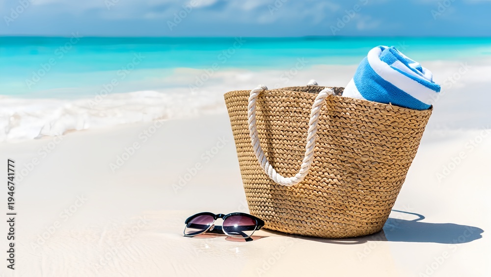 Fototapeta premium Straw beach bag with towel and sunglasses on tropical sand summer vacation concept