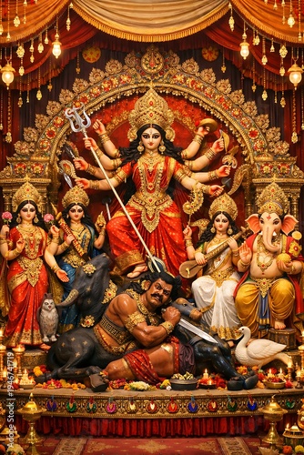 Grand Durga Puja idol with Lakshmi, Saraswati, Kartikeya, and Ganesha defeating Mahishasura inside decorated festival pandal.