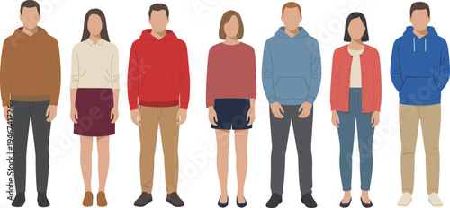 Flat vector illustration of a diverse group of young men and women standing together in a row wearing casual hoodies sweatshirts and autumn clothing.