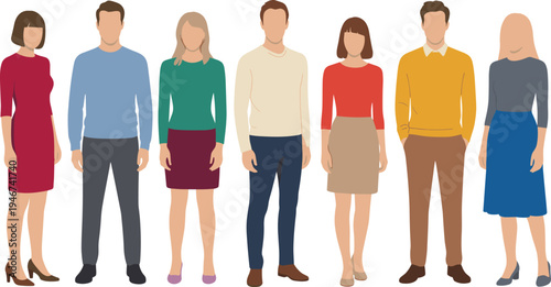 Flat vector illustration of a diverse group of professional men and women standing together in a row wearing modern smart casual clothing and office attire.