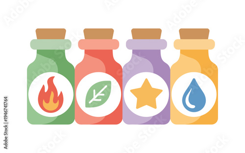 Set of four colorful potion bottles representing elements: fire, leaf, star, and water, with cork stoppers, perfect for fantasy games or magic themes.