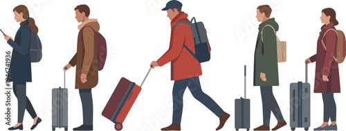 Flat vector illustration of a diverse group of young people wearing autumn coats walking with rolling suitcases and backpacks through an airport terminal corridor.