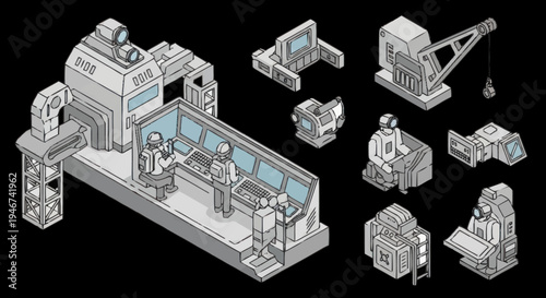 Isometric Industrial Control Room with Figures and Equipment.