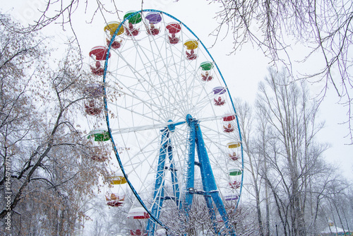 A Ferris wheel at an amusement park rises above snow-covered treetops