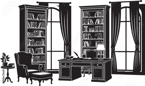 Classic art style study room in silhouette, iconbookshelves, desk, armchair, classic lamp, quiet and scholarly atmosphere on white background.