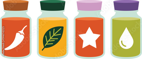 Four colorful glass bottles filled with spices, herbs, and liquids, representing flavors and seasonings.