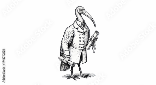Anthropomorphic Ibis Bird Dressed in Victorian Era Suit Holding Scrolls.