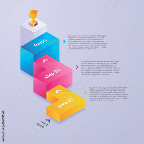 A colorful 3D infographic showing a step-by-step process to success with a trophy on top