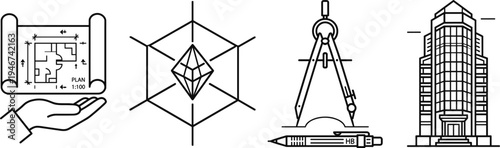 Architecture engineering and construction line icon set with blueprint crystal compass building symbols minimal outline vector illustration collection