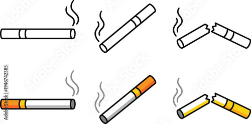 A set of six vector graphic illustrations depicting cigarettes in various states