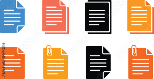 Document file and paper icon set with report page attachment office symbols minimal flat vector illustration collection