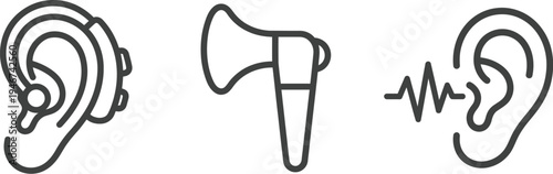 Vector illustration of hearing icons including ear with hearing aid, megaphone, and ear with sound wave