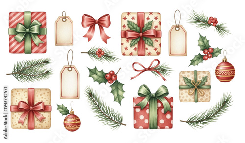 Watercolor Christmas gift box and holiday decoration collection isolated on transparent background