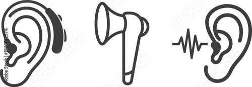 Vector graphic illustration of ear with headphones, megaphone, and ear with sound wave, representing audio and communication