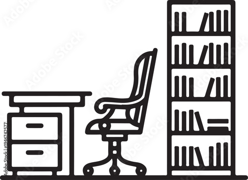 Classic art style office in silhouette, desk, chair, filing cabinet, bookshelf, quiet and professional,
