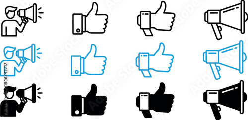 Icon set featuring thumbs up and megaphone symbols for communication and feedback