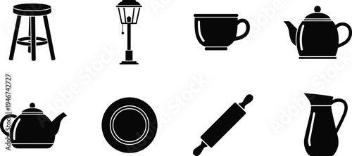 Household kitchen silhouette icons, stool, street lamp, teacup, teapot, plate, rolling pin, pitcher, minimal design, black vector illustration