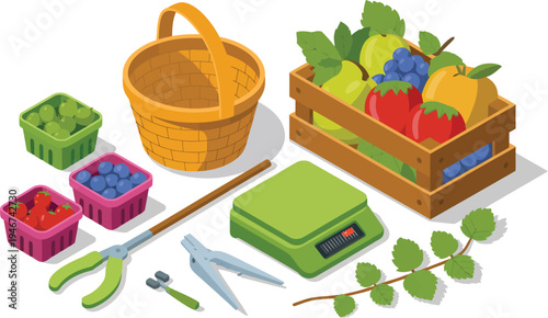 Freshly harvested fruits and berries displayed with gardening tools and a scale, showcasing healthy eating.