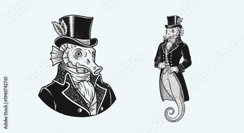 Steampunk Seahorse Characters in Formal Attire.