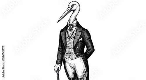 Elegant Stork Gentleman in Formal Attire Holding Cane.