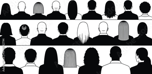 People crowd back view silhouettes audience group men women different hairstyles diversity black vector illustration social gathering concept