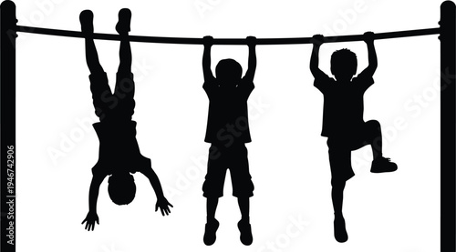 kids playing on monkey bars silhouette, children playground activity, happy childhood outdoor fun, climbing exercise illustration isolated