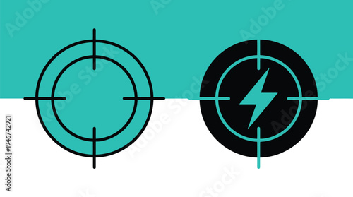 Two vector graphic targets with lightning bolts in black, teal, and white colors