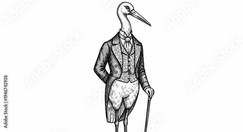 Elegant Stork Gentleman in Formal Attire Holding Cane.