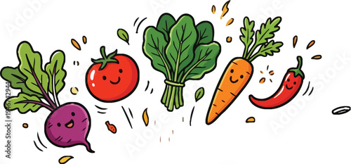 Colorful cartoon vegetables jumping into a sizzling hot frying pan with flames, surrounded by flying leaves and seeds.