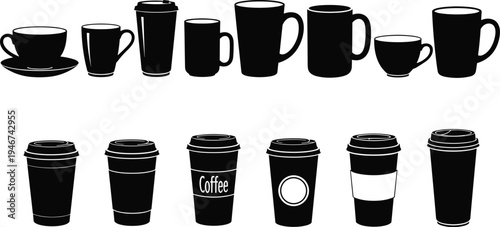 Coffee cups silhouette set mug takeaway cup espresso cappuccino drink cafe black vector illustration collection